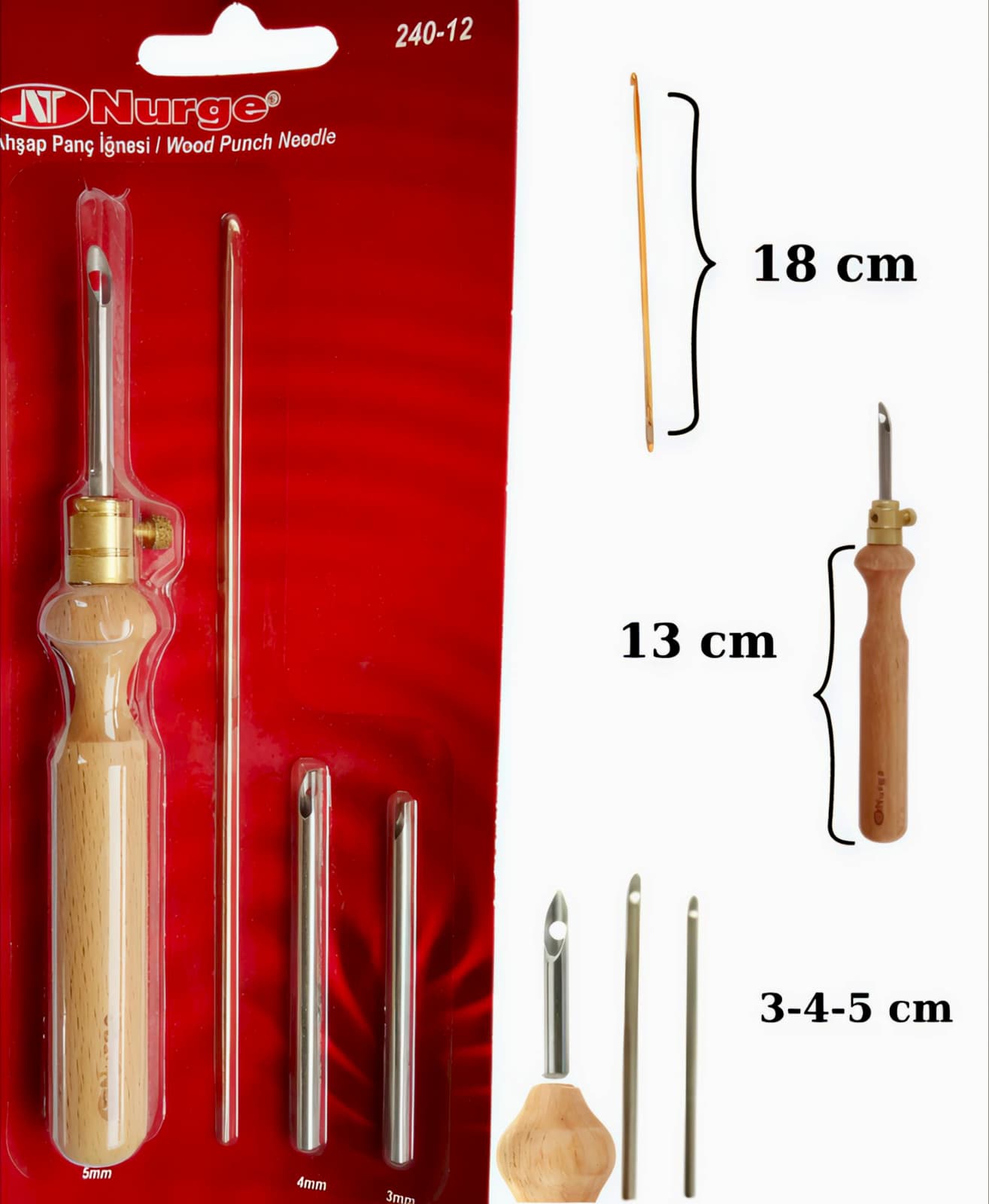 Nurge Ahşap Saplı Kalın Uçlu Punch İğne Seti/3 İğneli ( 3mm-4mm-5mm )