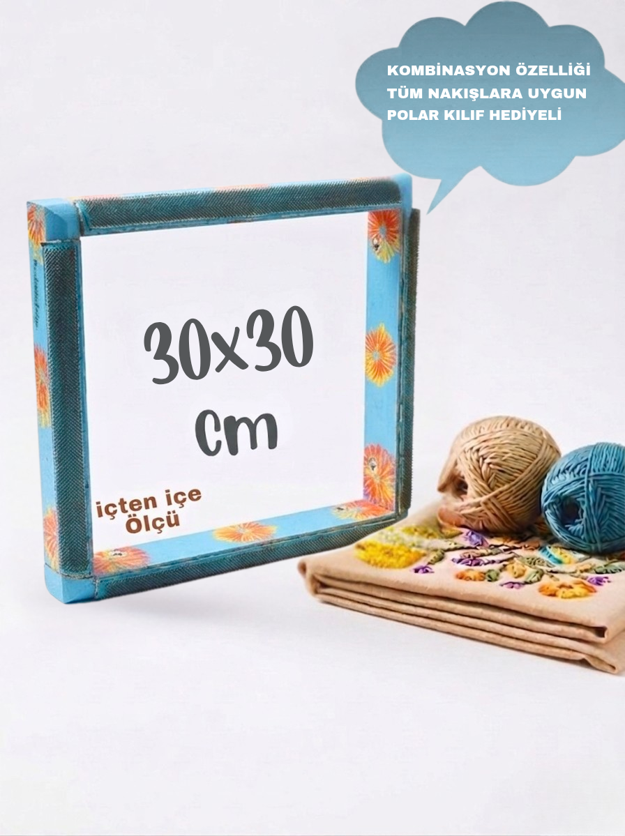 Mavi Çiçekli Kombinasyon Özellikli Punch ve Tüm Nakışlara Uygun İğneli/Telli Ahşap Kasnak (KILIF HEDİYE)
